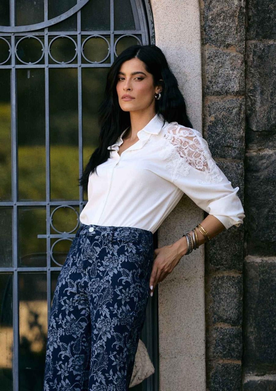 CALÇA JEANS WIDE LEG JACQUARD FLORAL