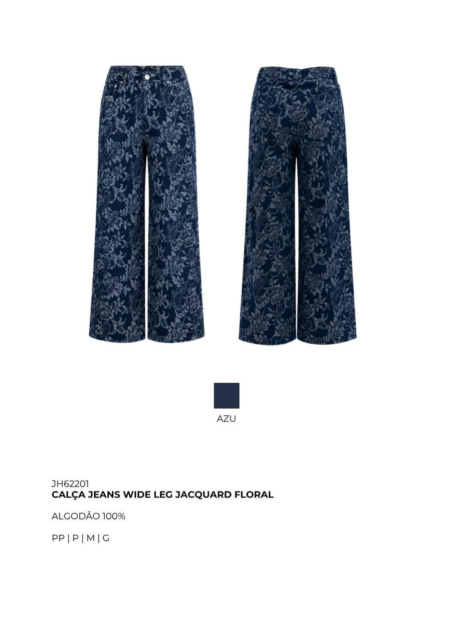 CALÇA JEANS WIDE LEG JACQUARD FLORAL