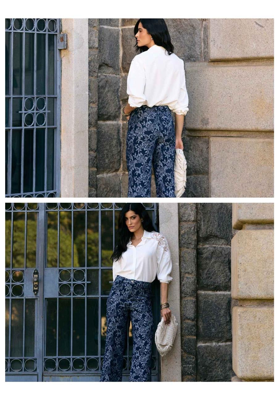 CALÇA JEANS WIDE LEG JACQUARD FLORAL