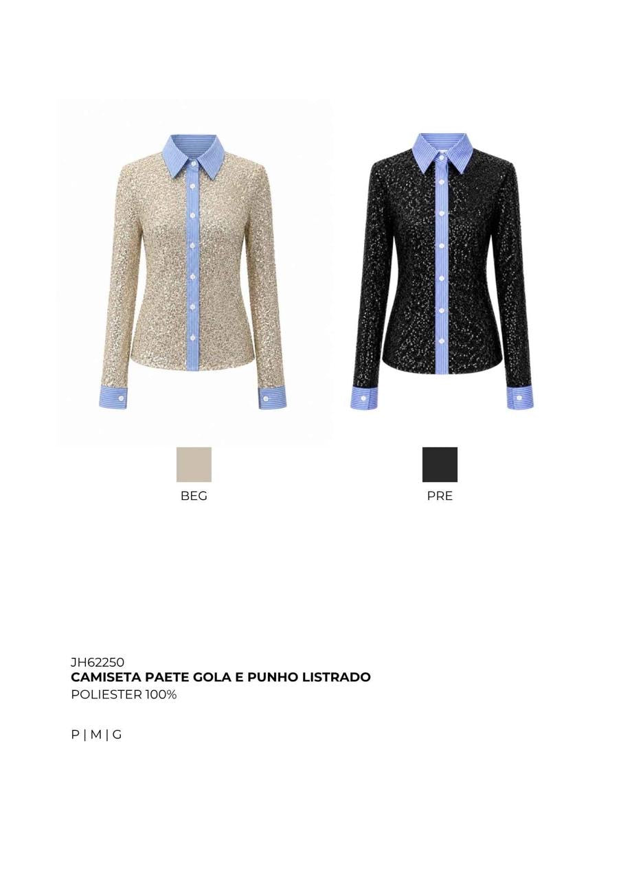 CAMISETA PAETÊ GOLA E PUNHO LISTRADO