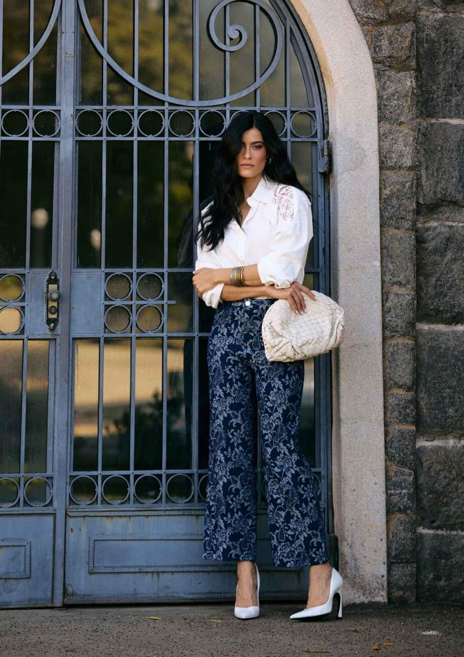 CALÇA JEANS WIDE LEG JACQUARD FLORAL